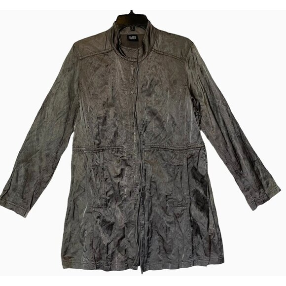 Eileen Fisher Crinkle Steel Metallic Satin Drawstring Cardigan Jacket Coat S-M - Picture 1 of 10